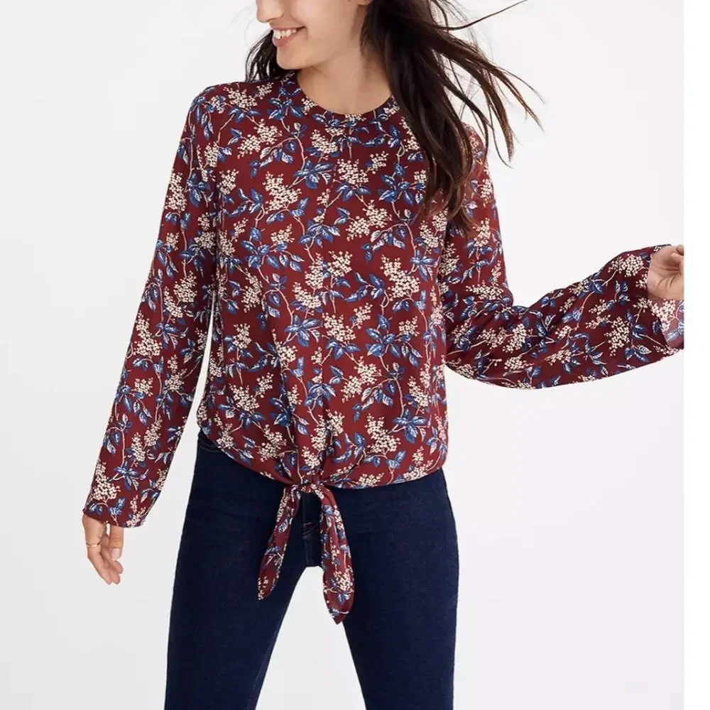 MADEWELL Bell-Sleeve Tie Top in‎ Antique Flora XS Purple Blue Floral Boho Light